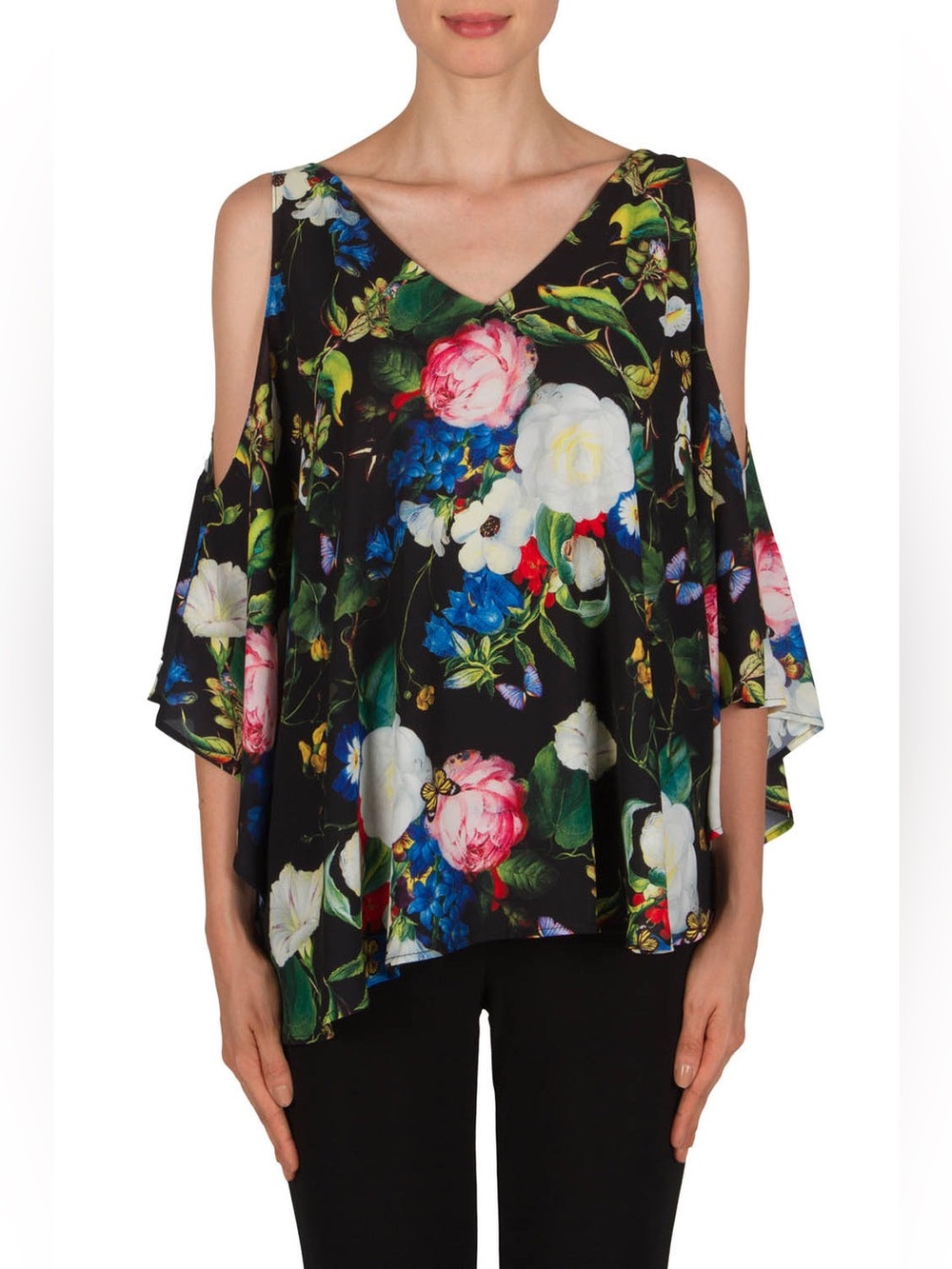 Joseph Ribkoff Floral Cold Shoulder Cape Top Style 181630 Deep V-Neck